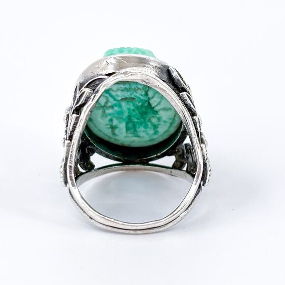 Vintage Sterling Silver 925 Ornate Green Resin Scarab Beetle Ring Size 4.5 - Picture 4 of 8